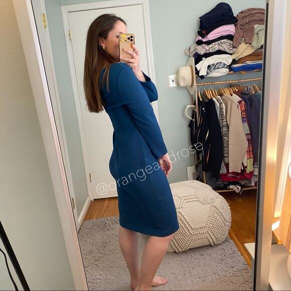 VINCE. Teal Blue Crewneck Long Sleeve Knee Length Bodycon Sheath Mini Dress L - Picture 6 of 13